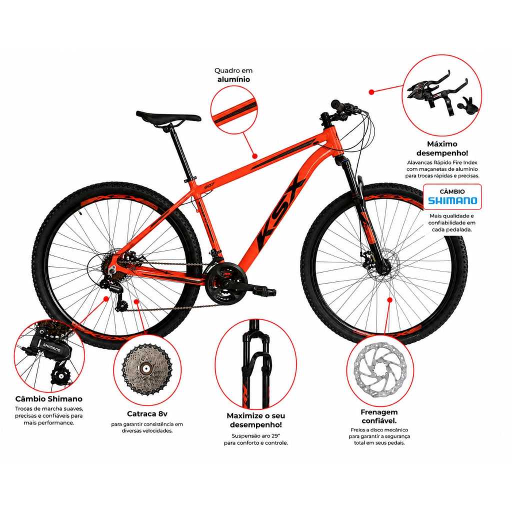 Bicicleta Aro 29 MTB Alumínio KSX 24 Marchas Shimano Freio a Disco Suspensão