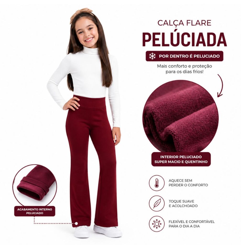 Calça Bailarina Flare Infantil Peluciada Flanelada Térmica