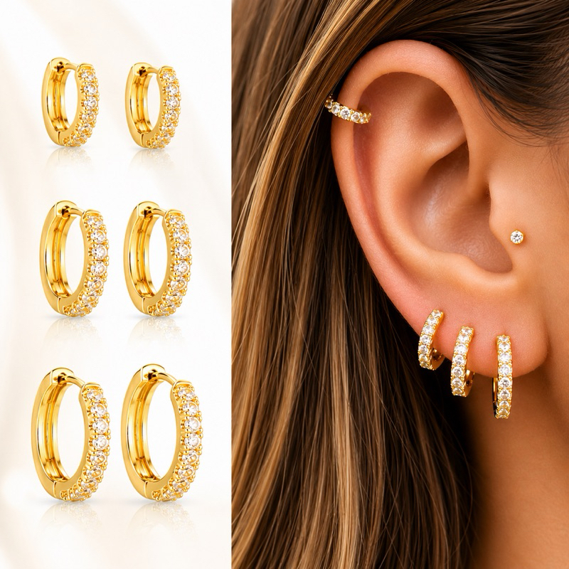 Trio De Argolas Femininas Cravejadas Brincos Banho Ouro 18k - 3 Pares Antialérgico Presente Namorada