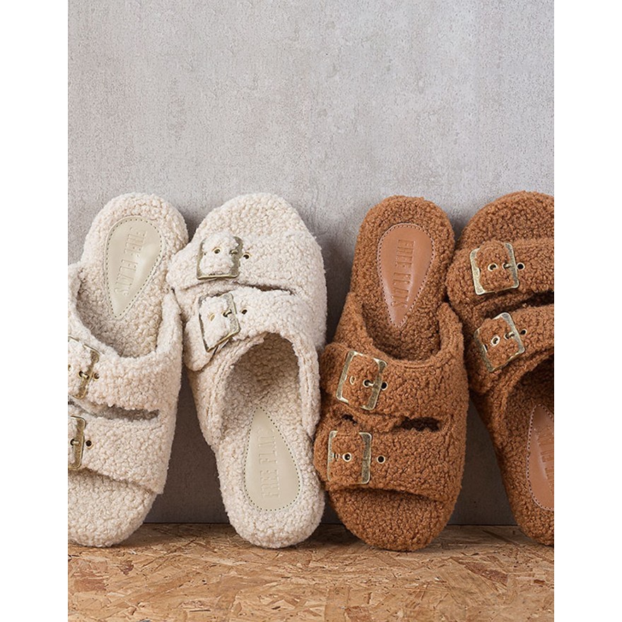 Sandália Chinelo Flatform Free Flats Berlim Fivela Teddy Caramelo Inverno Quentinha