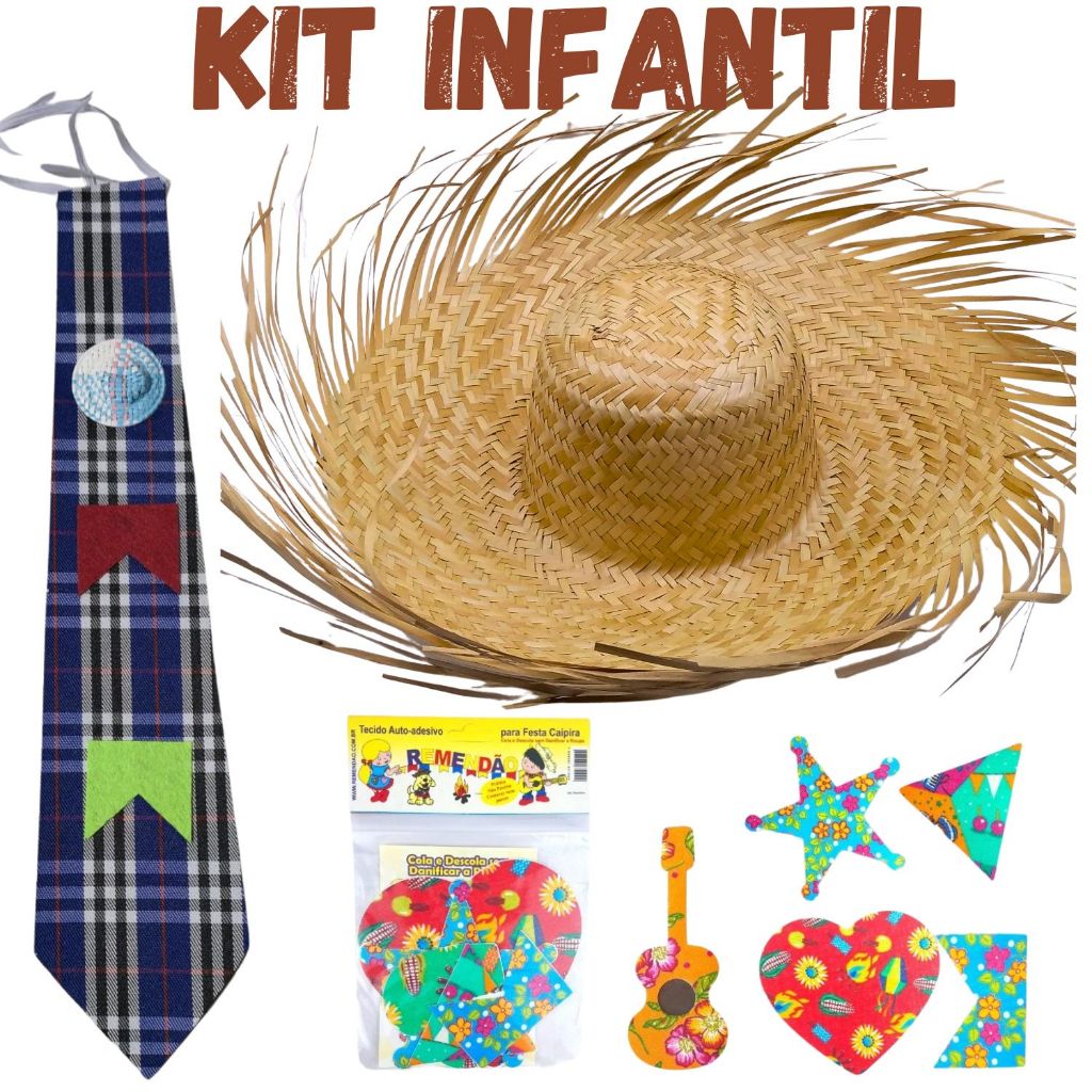 Kit Chapeu Gravata com elástico Remendo Pano Autocolante Adesivo Festa Junina traje completo menino arraial quadrilha