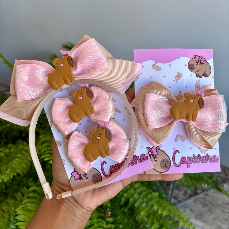 Kit tiara laço capivara/tiara infantil capivara/parzinho capivara/laço bico de pato capivara/laço capivara