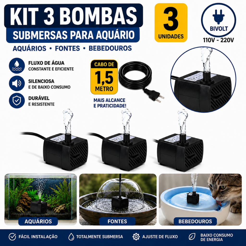 kit 3 bombas submersa BIGOOFISH para aquário/ fonte de água e bebedouro- bivolt-3w- 180l/h