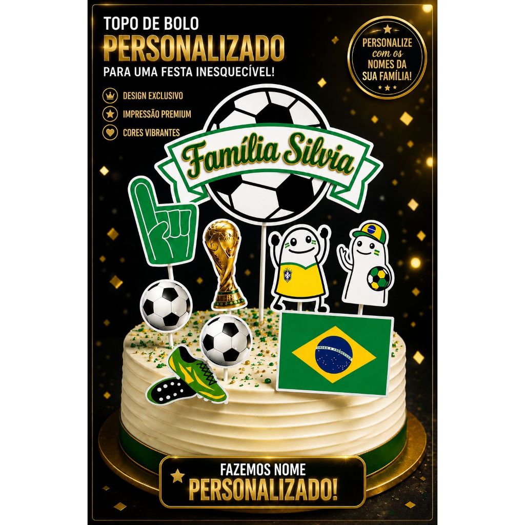 Topo/Topper de Bolo com nome personalizável Copa/Futebol/Brasil - ENVIO RAPIDO