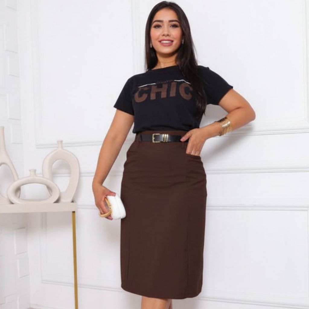 Saia Feminina Marrom Social e Com Cinto Moda Elegante Envio Imediato