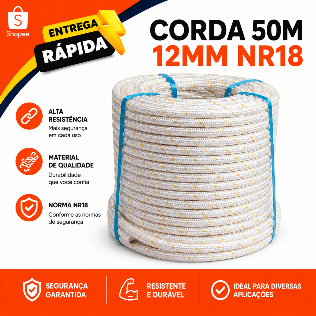 Corda 50m 12mm Trançada Alta Resistência Multiuso Náutica Pesca Construção Camping