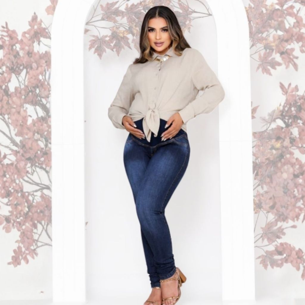 Calça Jeans Gestante Grávida Com Cós Anatômico Especial Suporte Barriga Confortável Skinny Moda Maternidade Premium