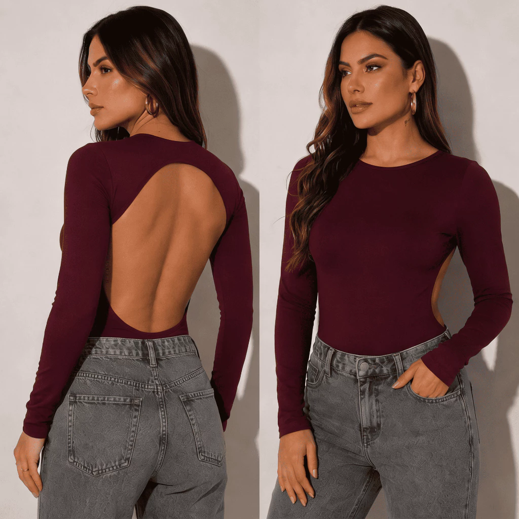 Body Feminino Manga Longa Costas Aberta Elegante Confortável Suplex Premium Forrado — imagem 1