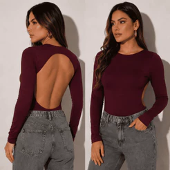 Body Feminino Manga Longa Costas Aberta Elegante Confortável Suplex Premium Forrado