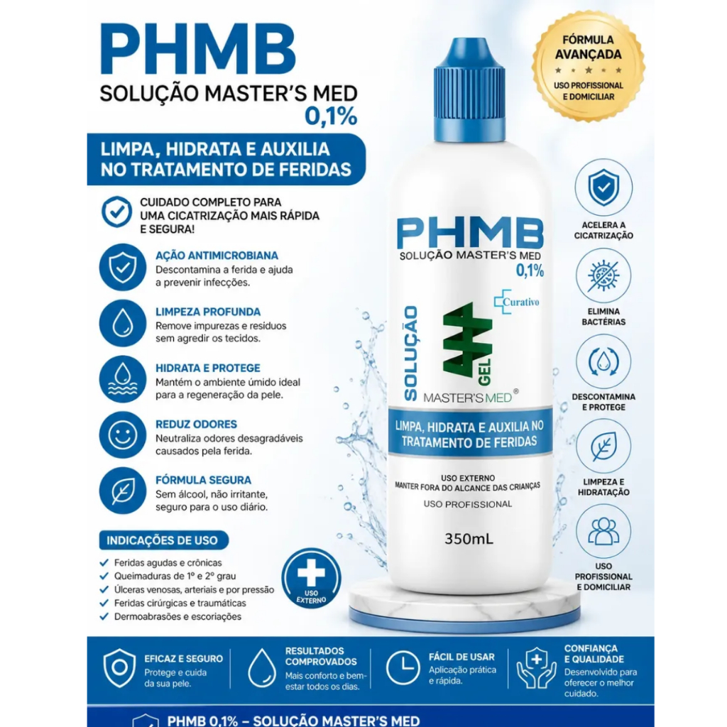 Solução PHMB 0,1% 350ml Limpeza e Tratamento de Feridas Sem Ardor Cicatrização Rápida Mastermed