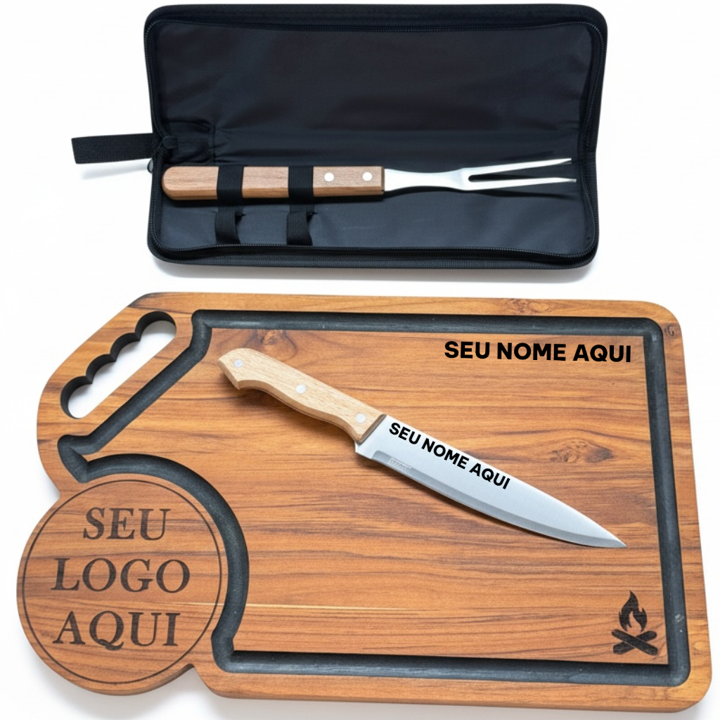 Kit Churrasco Tábua Faca Garfo Inox Kit Personalizado Seu Nome Corte Cozinha Carne Madeira Teca