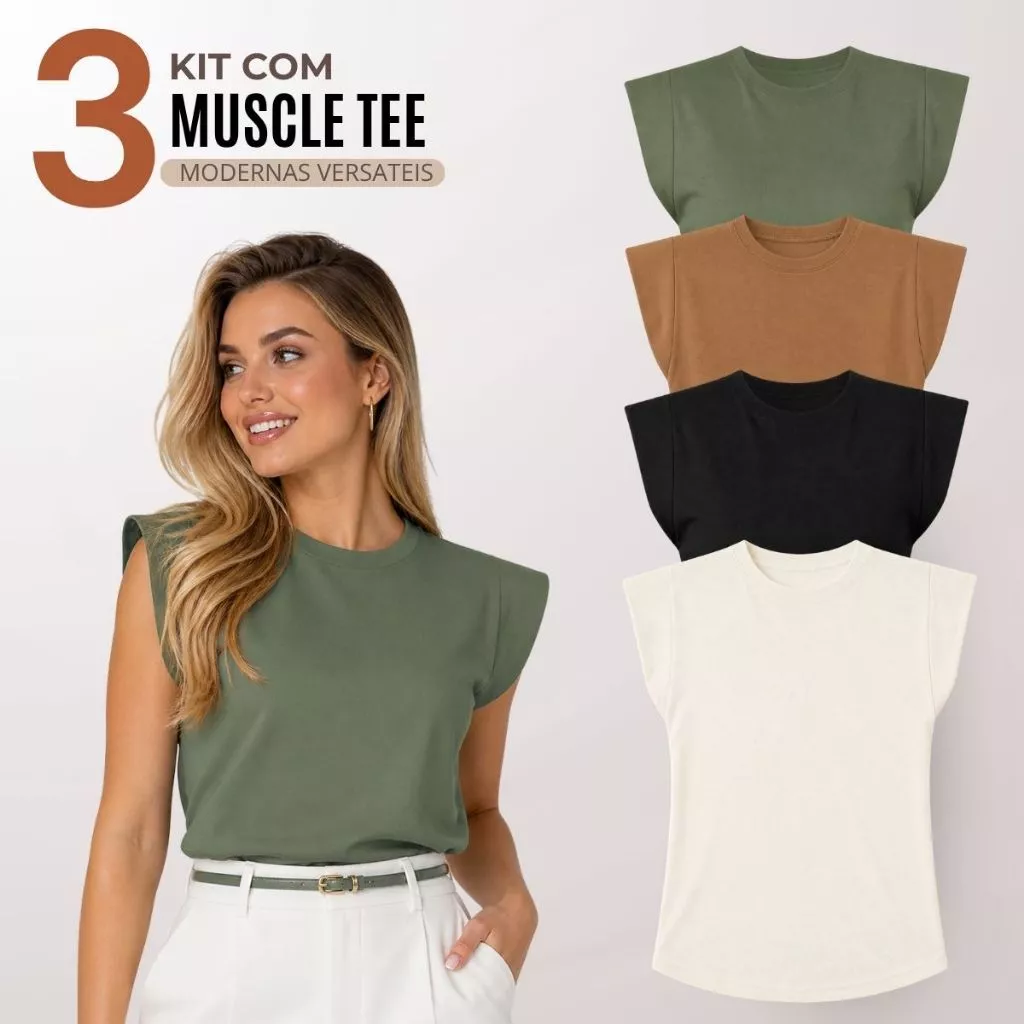 Kit 3 Blusas Feminina Muscle Tee Moderna Casual 100% Algodão - F00 — imagem 1