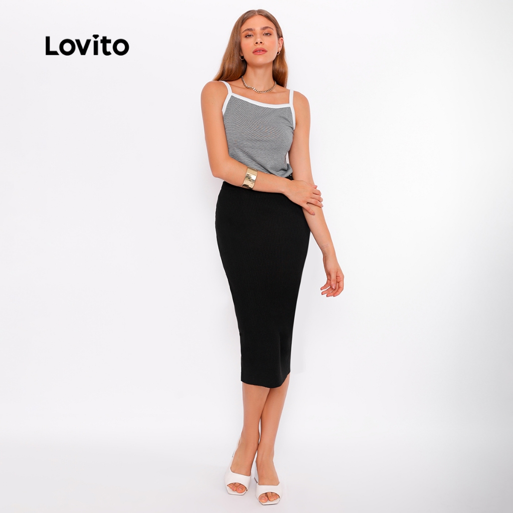 Lovito Saia Feminina Tricot Midi Reta SKB380BRL409