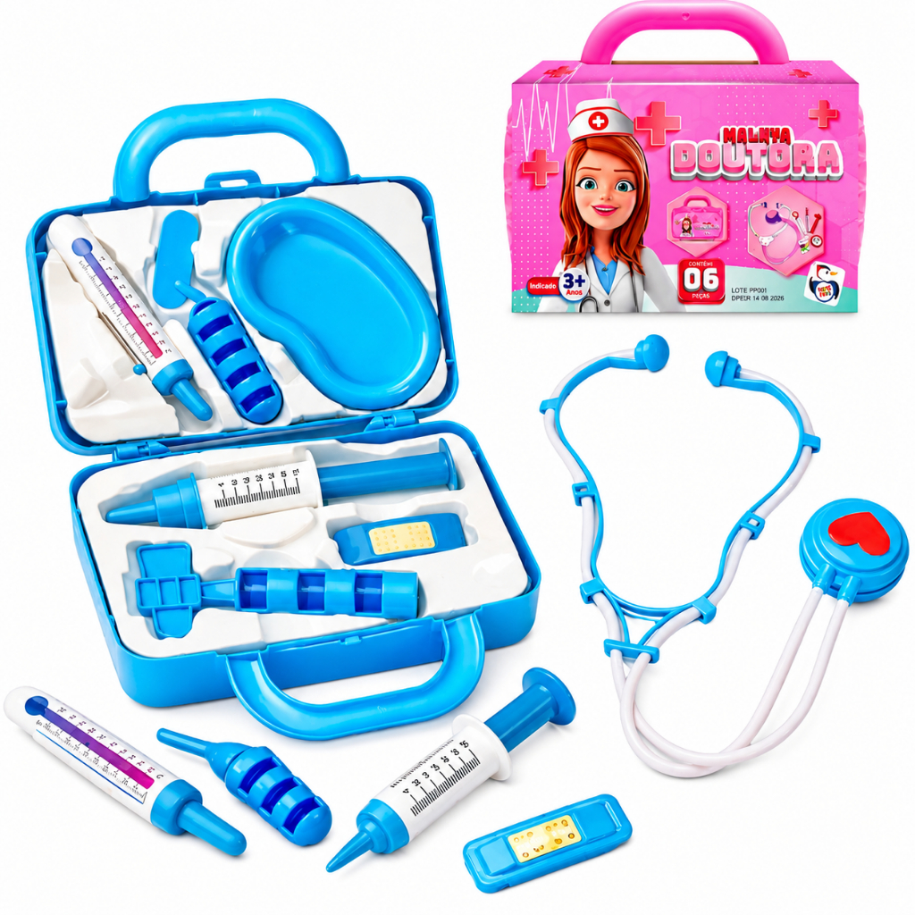 Kit 7 Peças Maletinha de Médico Infantil Kit Médico Mini Doutora e Doutor Brinquedo Educativo