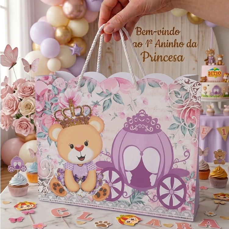 Sacolinha Personalizada Ursinha Princesa Rosa | Lembrancinha Festa Infantil | Pegue e Monte - Pronta Entrega