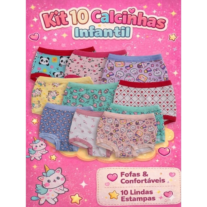 Kit 10 Calcinhas Box Shortinho Confortável Algodão Menina Roupinha