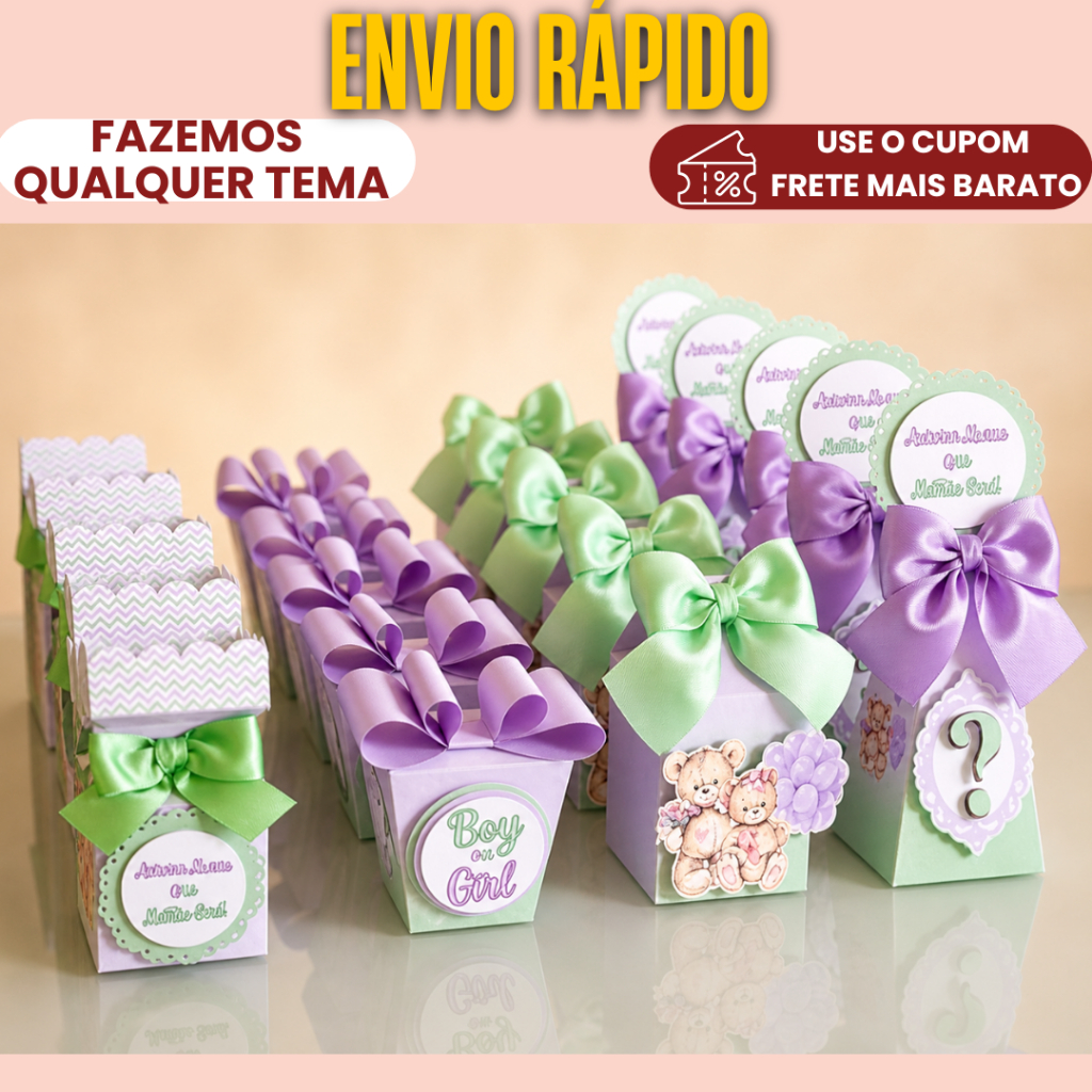 Lembrancinha Personalizada Kit Clássico Chá Revelação Lilas e verde |COM APLIQUE 3D/ caixinha para festa - PEGUE E MONTE