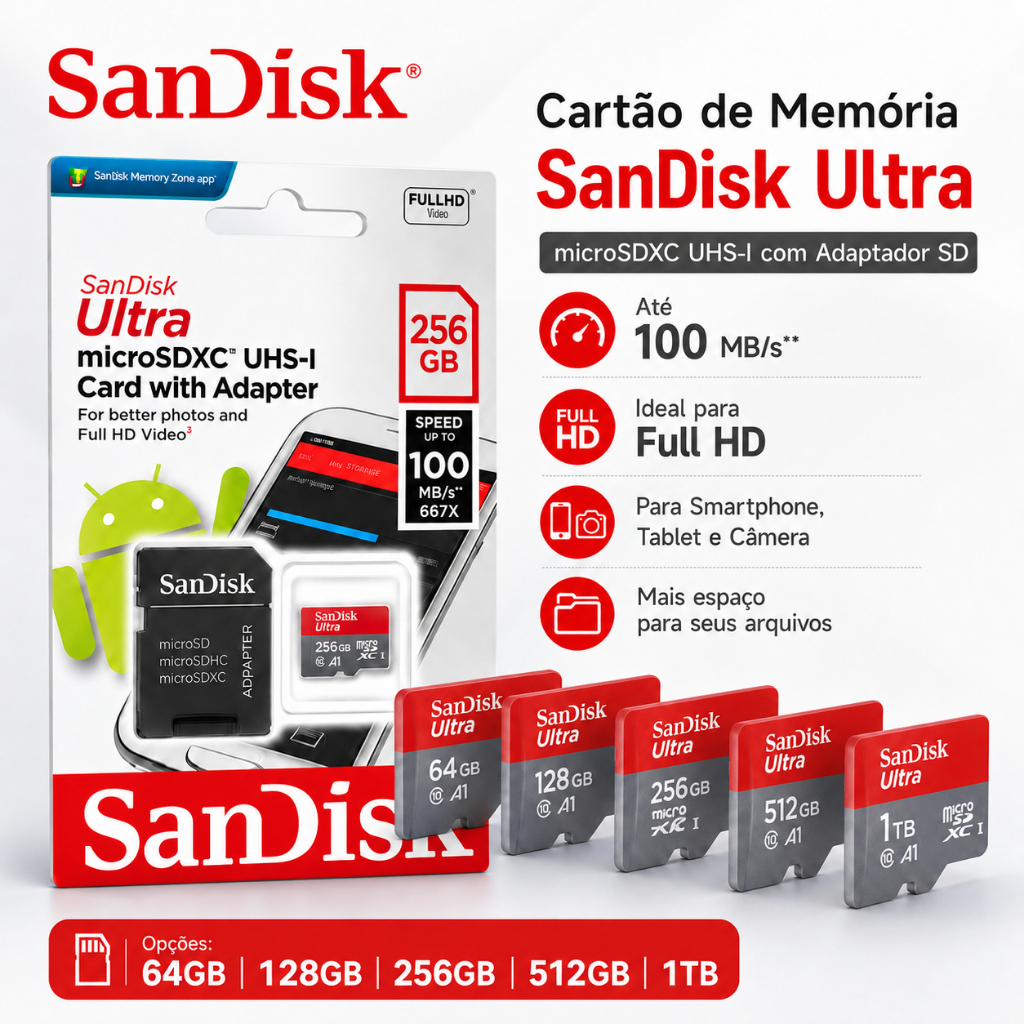 Cartão De Memória MicroSd 128GB - 1TB Classe A10 Ultra Câmeras de Segurança Drone