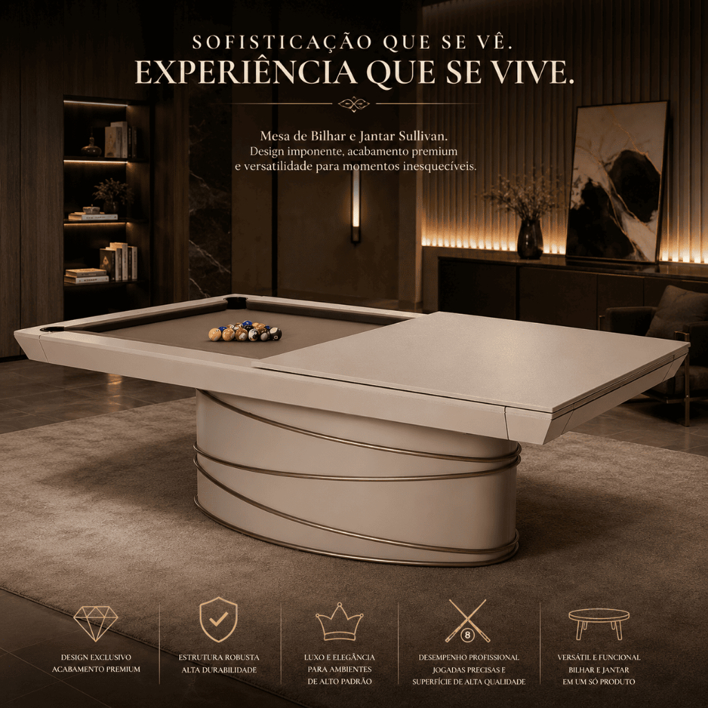 Mesa de Bilhar Sinuca e Jantar Sullivan Versátil com Tampo Removível 248 cm Base Oval Fendi G84
