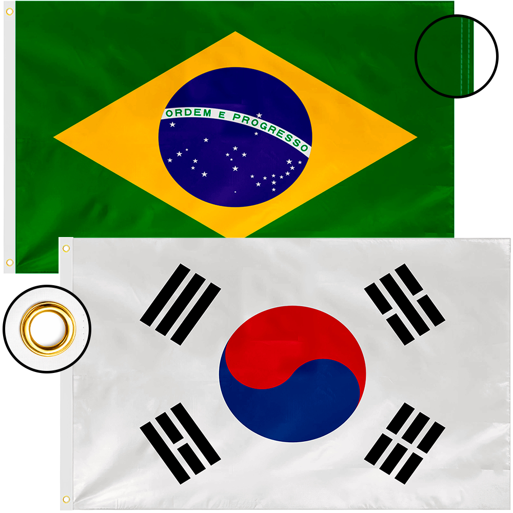 Bandeira do Brasil + Coreia do Sul em Tamanho Grande 150x90cm em Poliéster Dupla Costura com Ilhós