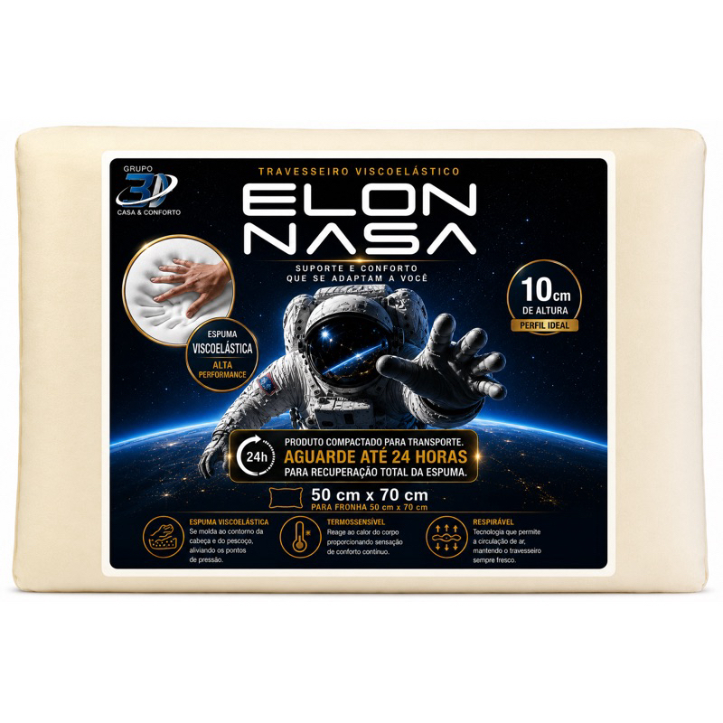 Travesseiro Elon NASA Ortopédico Anatômico 38×58 10cm Alta Densidade