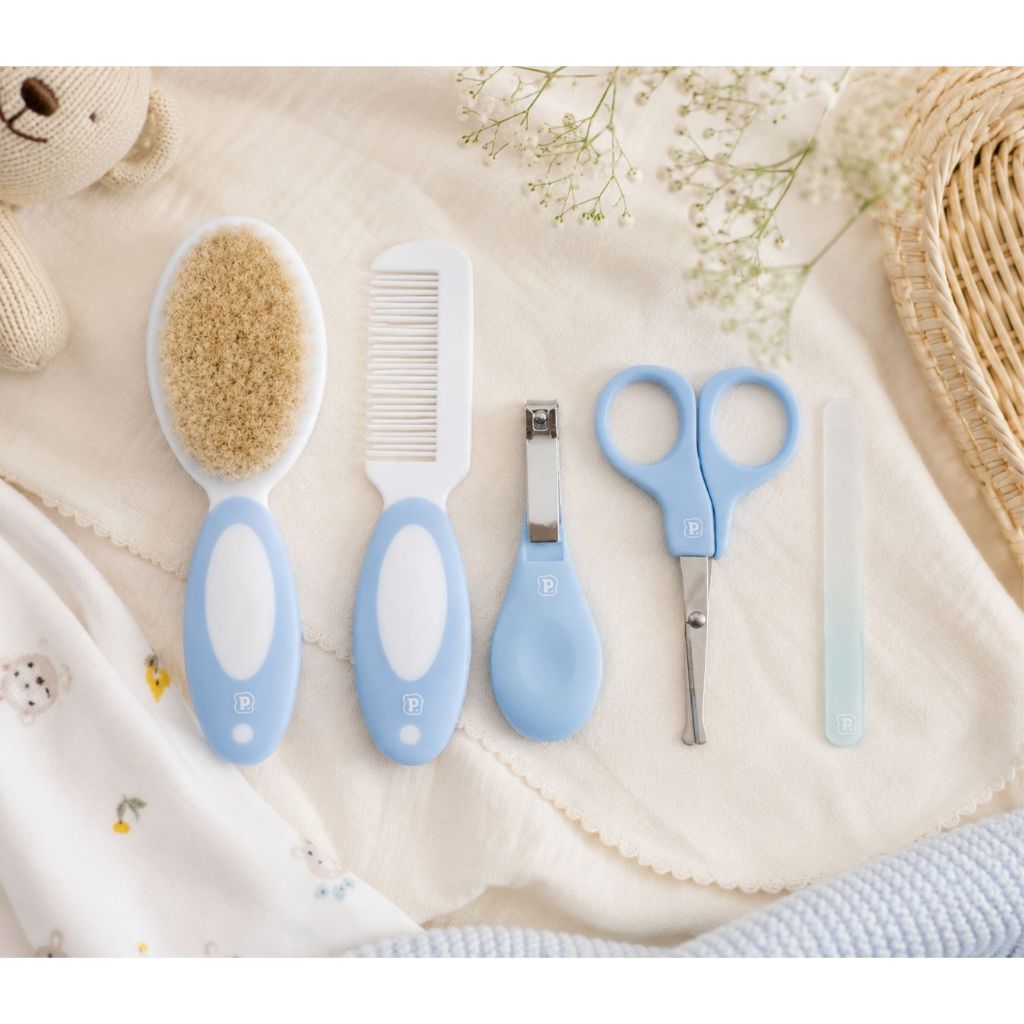 Kit Higiene Bebê 5 Peças Cuidados Buba ou Pimpolho com Cerdas Macias, Pente, Escova, Tesoura, Cortador e Lixa