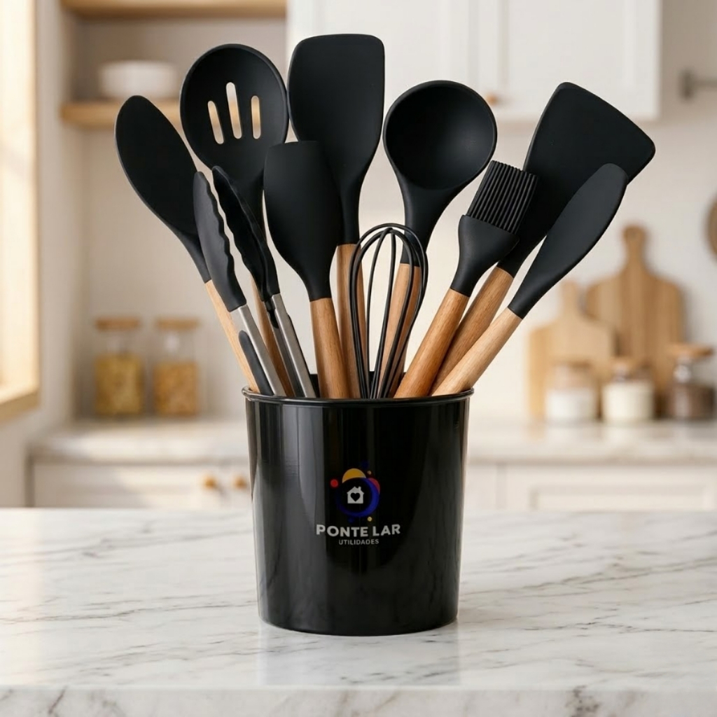 Kit Utensilios de Silicone Cozinha Jogo de Utensilios Kit Colher Silicone Concha Escumadeira Bambu