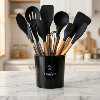 Kit Utensilios de Silicone Cozinha Jogo de Utensilios Kit Colher Silicone Concha Escumadeira Bambu