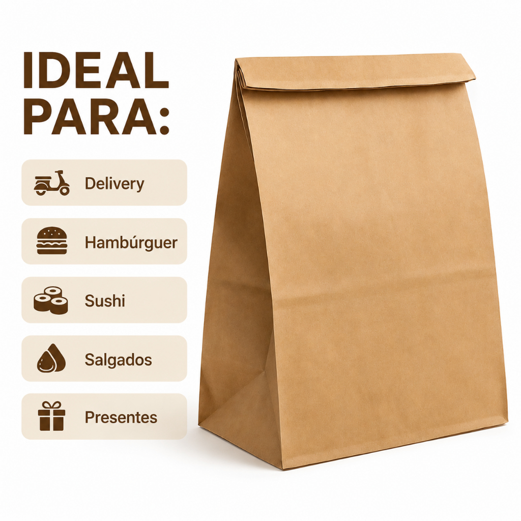 Embalagem Saco Papel Kraft Para Delivery 100 uni Salgados Hamburguer Lanches Food Sushi Presentes Vários Tamanhos — imagem 2 de 2