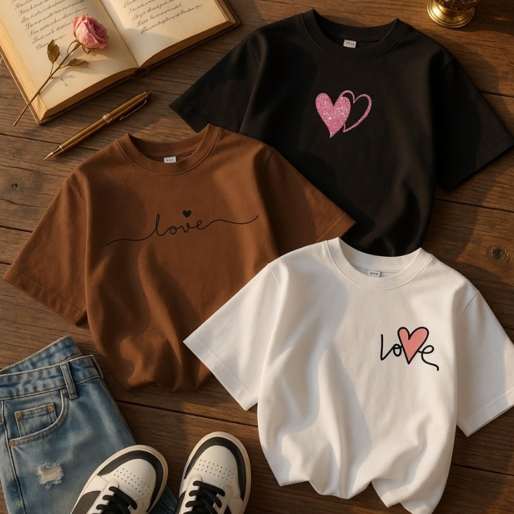 Kit 3 Camisetas Baby Look Love Feminina Coração - Preto Marrom Branco
