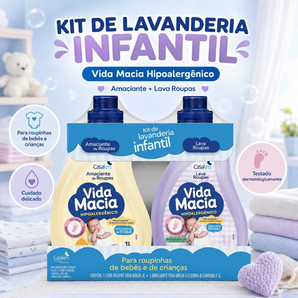 Kit Vida Macia Lava Roupas 1L + Amaciante Glicerina e Camomila 1L Bebê Hipoalergênico Suave Casa KM