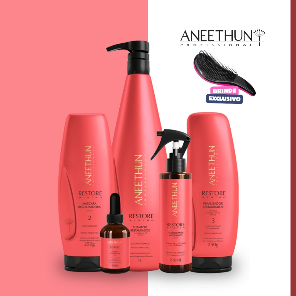 Kit Restore System Shampoo Litro Mascara Finalizador Acidificante E Booster 5 Produtos - Aneethun