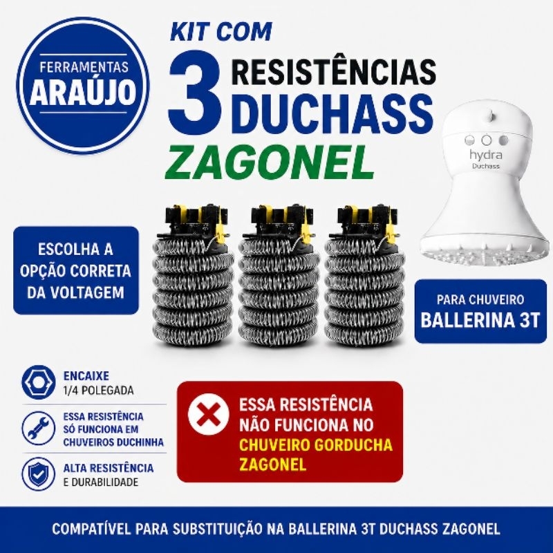 03 RESISTÊNCIA CHUVEIRO HYDRA DUCHASS 3T /CORONA PARALELA 220V /127V.