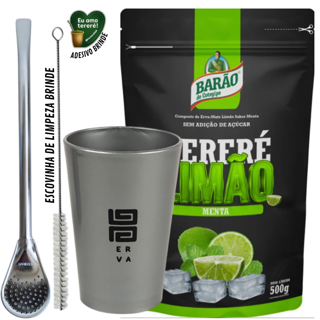 KIT Tereré Barao Mate 500g + Copo Caldereta Cinza 350ml + Bomba Clássica + BRINDES