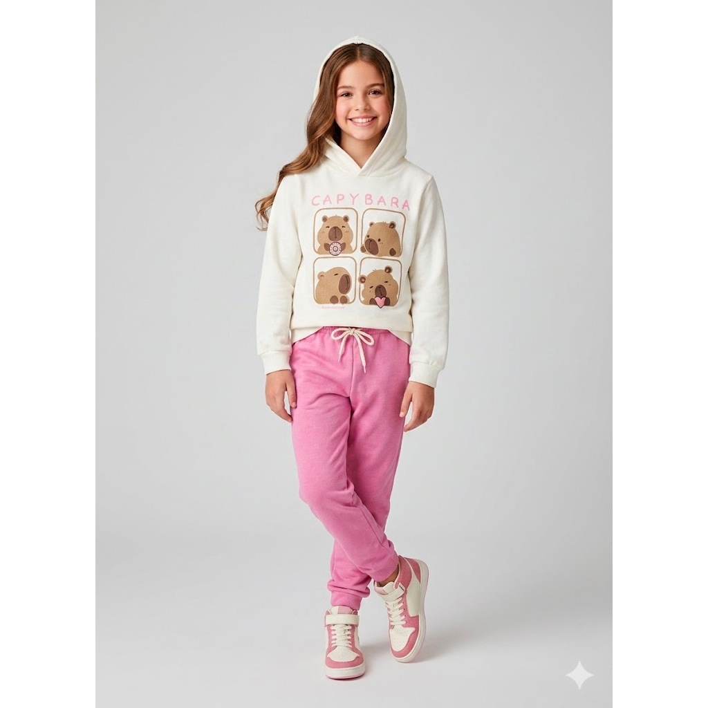 Conjunto Infantil Inverno Menina Moletom Com Capuz + Calça Moletom Com Elástico Estiloso L80