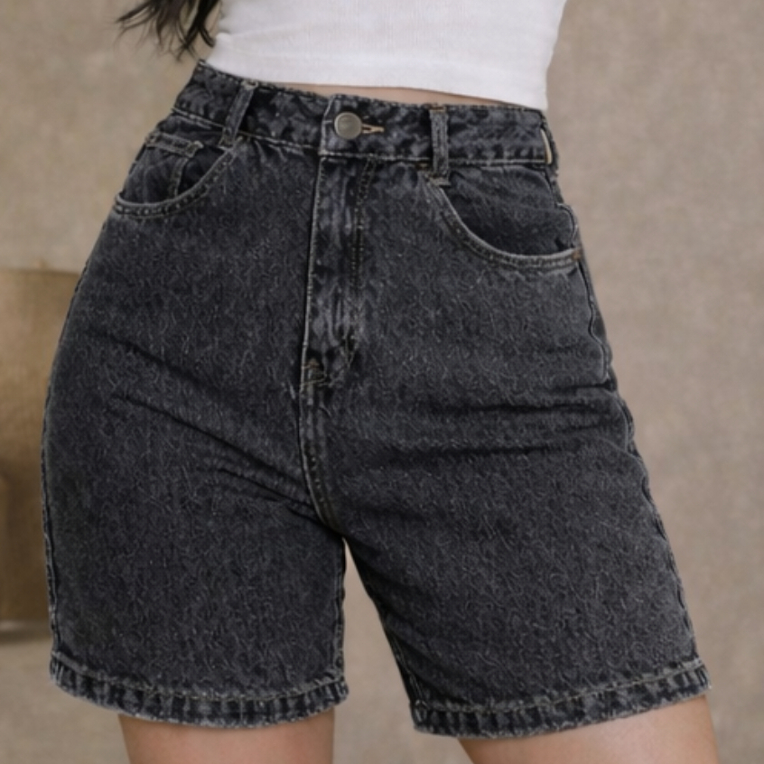 Bermuda Jeans Feminina Cintura Alta Preta Marmorizada Cinza Moda Verão-Estilo e Conforto