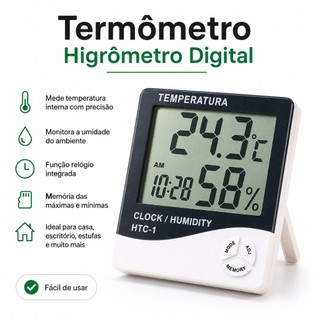 Termo Higrometro Digital Com Máxima e Mínima Medidor De Temperatura e Umidade Com Relógio…