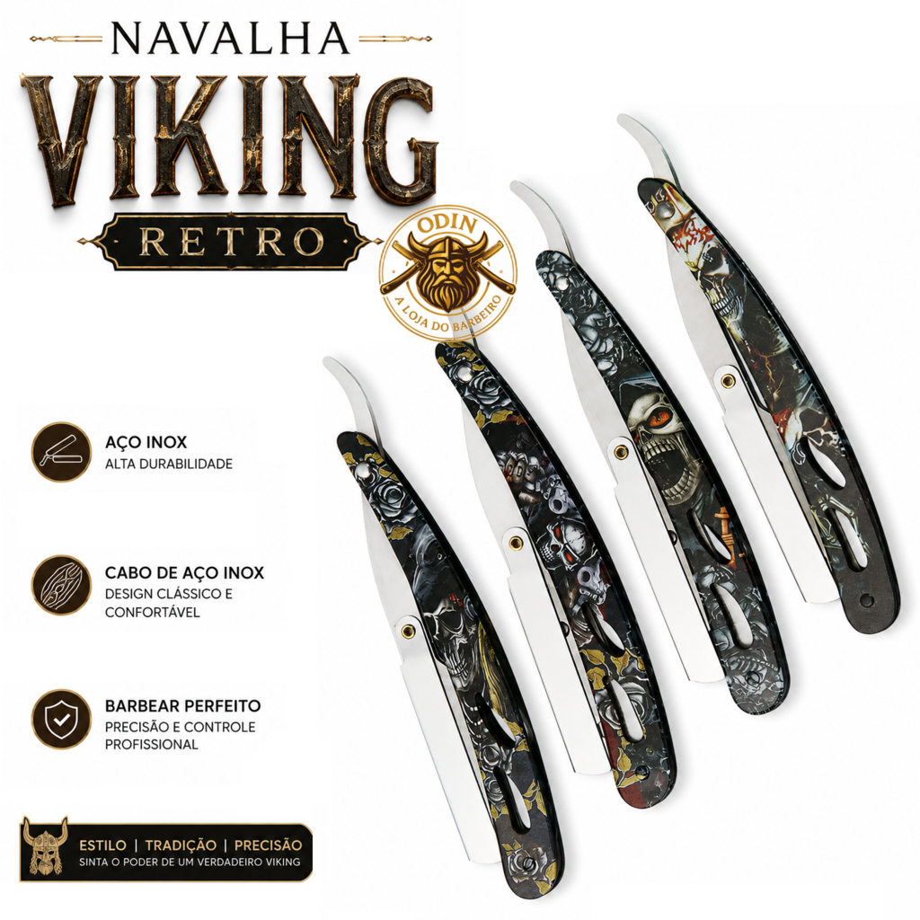 Navalha Profissional Caveiras Aço Inox + 5 Lâminas | Navalhete Barbeiro Premium | Navalhete Black