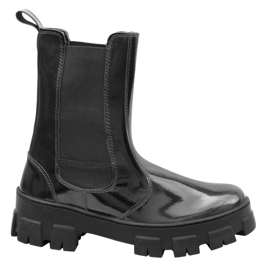Bota Coturno Feminino Tratorada Cano Medio Verniz Preto 11020