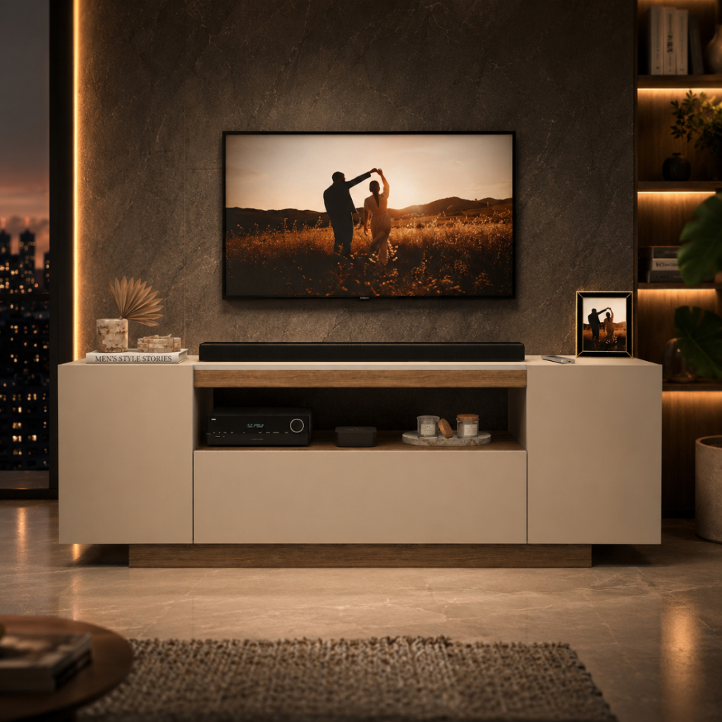 Rack TV até 58" Off White/Nature 120cm 2 Gavetas 1 Nicho Sala de Estar MDF/MDP Moderno