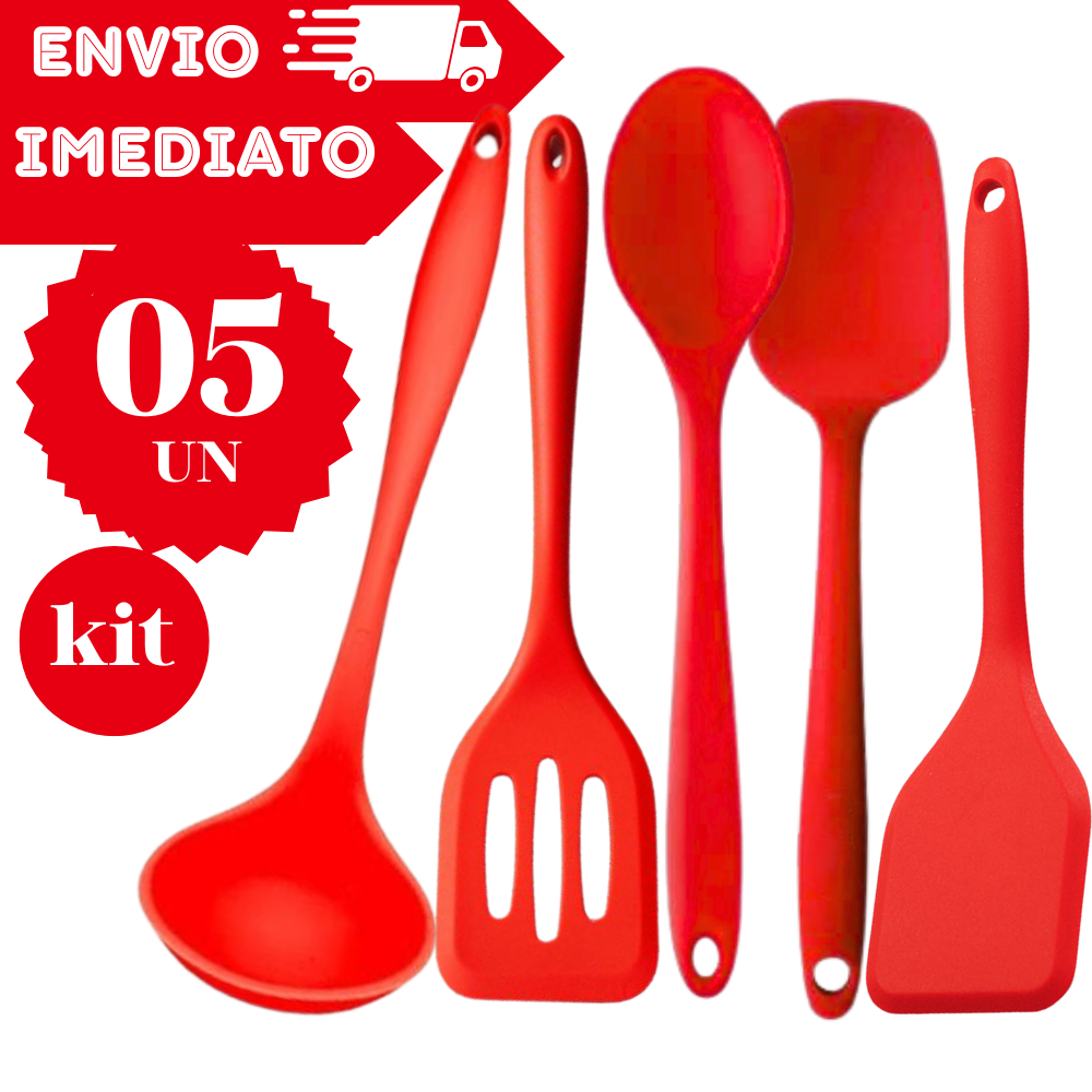 Kit 5 Utensílios de Cozinha Silicone Premium Concha Espátulas Colher Casa Cozinha Restaurante Buffet