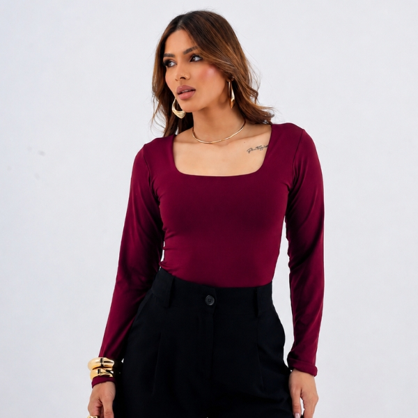 Blusa feminina básica suplex decote Gola quadrado manga longa moda inverno