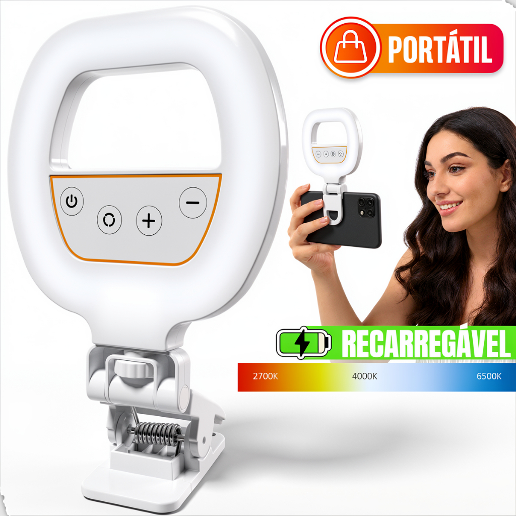 Ring Light LED Clipe Celular Notebook Portátil Recarregável Selfie Live TikTok Maquiagem