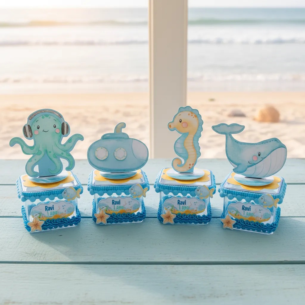 Kit 10 Caixas Acrílica 5x5 Fundo do Mar Lembrancinha Personalizada Luxo | Festa Infantil