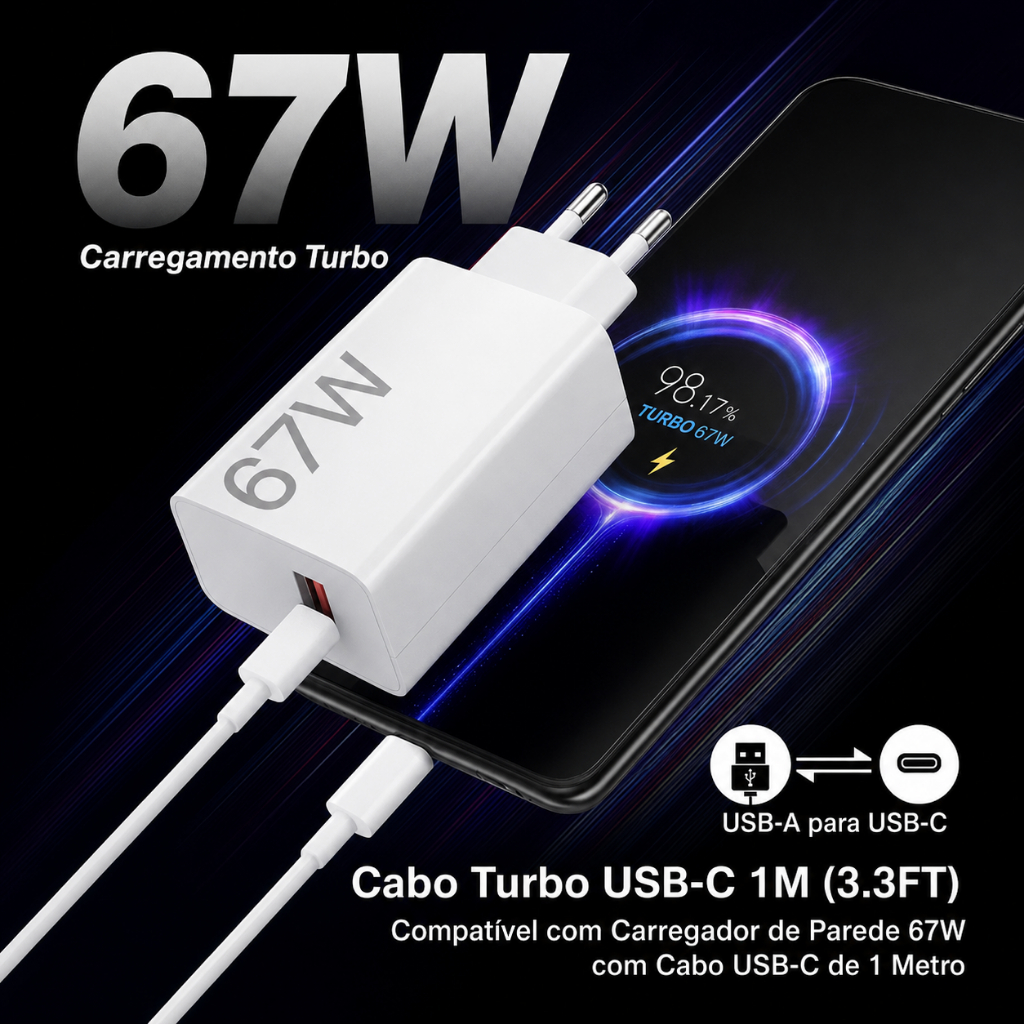 Carregador 67W Turbo + Cabo Tipo-C Carga Rápida Universal Android Iphone 15 16 17 Pro Max