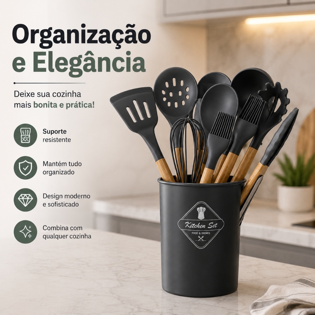 Kit 12 Utensílios de Cozinha Silicone Cabo de Bambu Antiaderente Resistente ao Calor