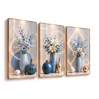 Quadros Decorativos 3 Peças Para Sala Quartos Vasos De Flores Tons Azul Geométricos Abstr…