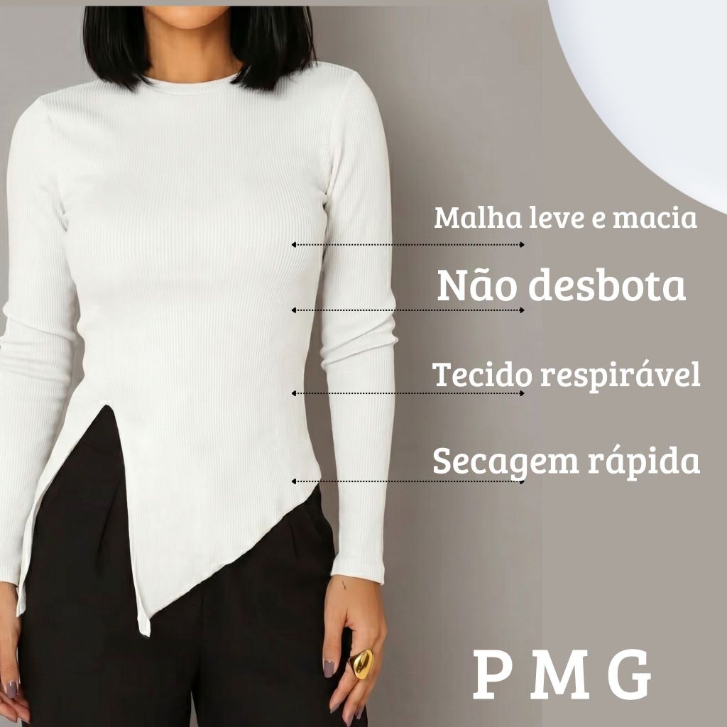 Blusa Feminina Manga Longa Assimétrica com fenda gola redonda Ribana canelada Inverno Plus Size