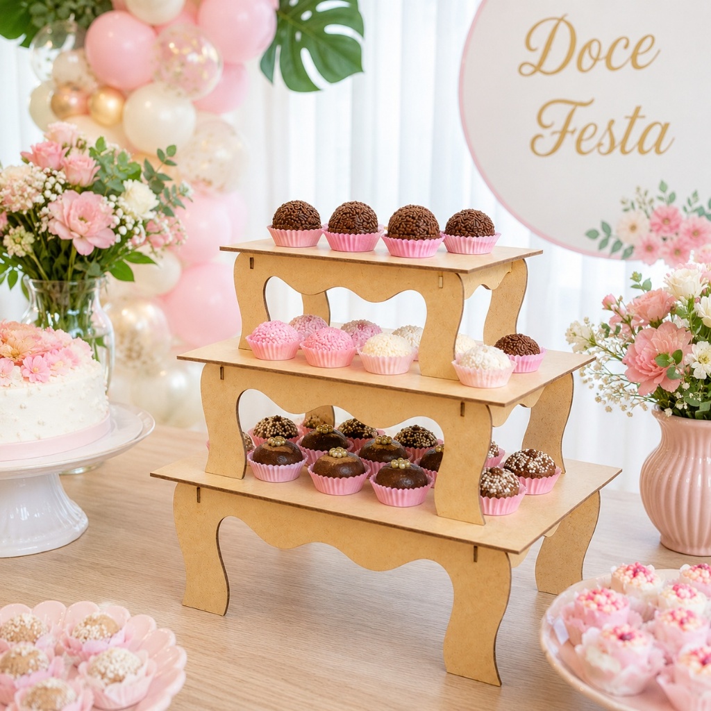 Trio Bandeja Banquinho MDF Kit 3 Peças Festa Evento Mesa Doces Fácil Montagem