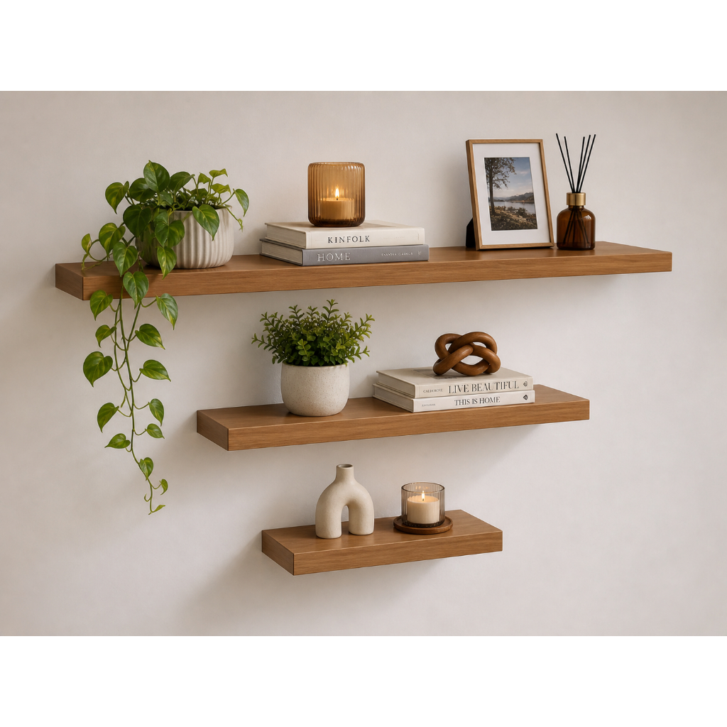 Kit 3 Prateleiras MDF 25mm Freijó 120x20 60x20 30x20 Suporte Invisível Premium